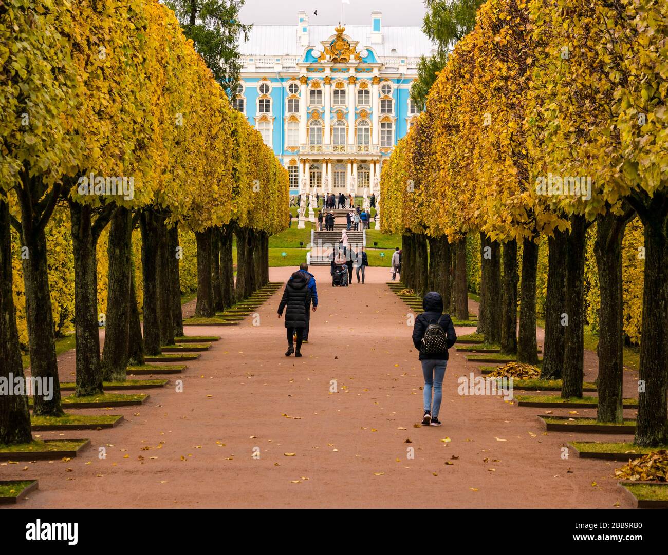 Viale alberato che conduce al Palazzo di Caterina in autunno con turisti, Tsars Village, Tsarskoe Selo, Pushkin, Federazione russa Foto Stock