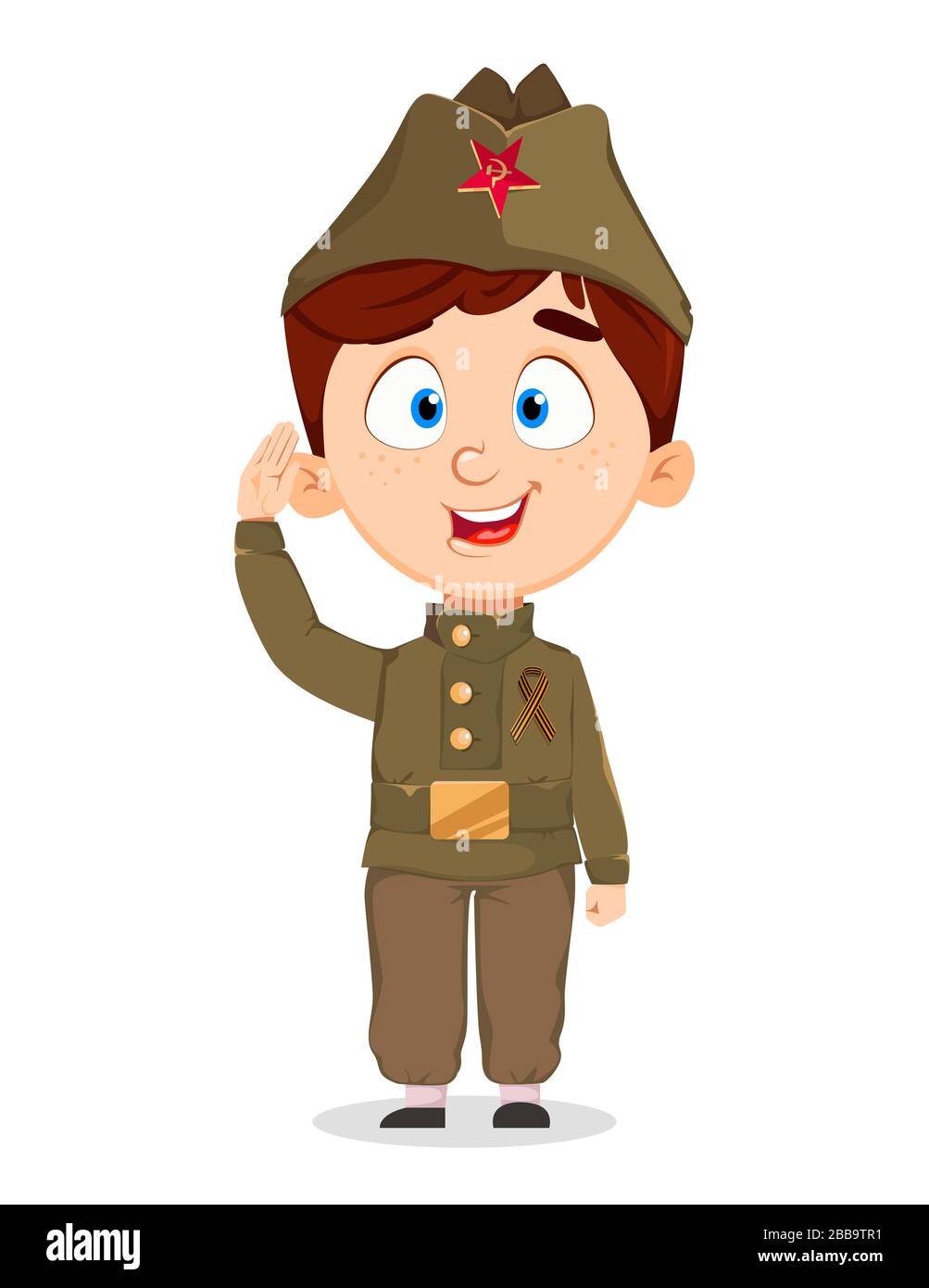 9 maggio. Carino ragazzo personaggio cartone animato. Happy Victory giorno. Vacanza russa. Illustrazione vettoriale su sfondo bianco Illustrazione Vettoriale