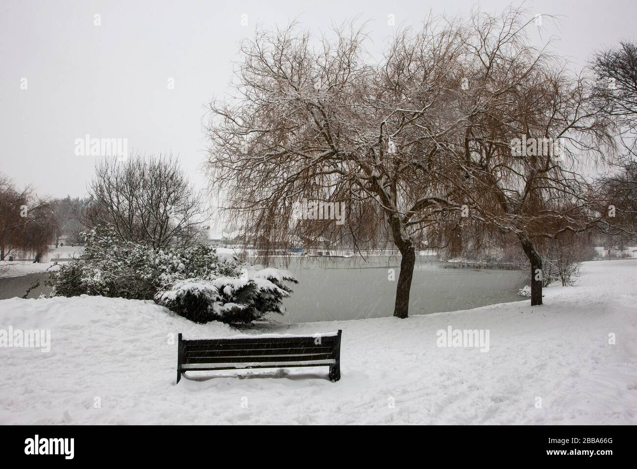 Panchina al bordo orientale del lago Swanley Park, Kent, Regno Unito Foto Stock