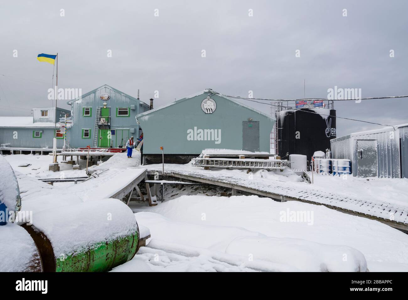 Base di ricerca Vernadsky, stazione Ucraina Antartica a Marina Point sull'isola di Galindez nelle isole Argentine, Antartide. Foto Stock