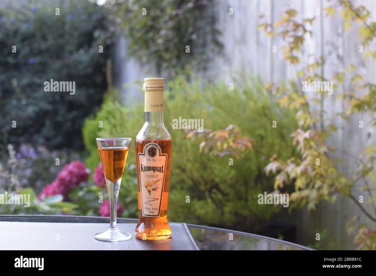 Orange Liqueur sul tavolo da Giardino Foto Stock