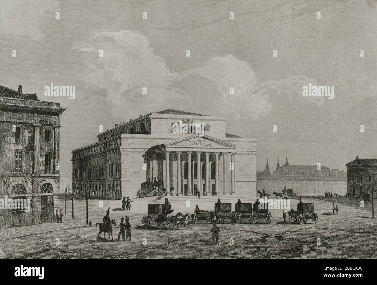 Imperio Russo. Moscú. Vista del Gran Teatro Imperiale (Teatro Bolshói). Grabado por Lemaitre y Cadole. Historia de Rusia por Chopin. Panorama Univeral, edición española de 1839. Foto Stock