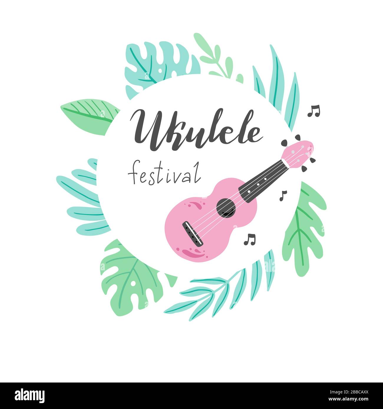 Cartoon ukulele con testo in lettere per l'estate, musica poster modello design. Piccola chitarra con foglia tropicale, decorazione floreale in stile hawaii. Illusazione vettoriale dello stile disegnato a mano. Illustrazione Vettoriale