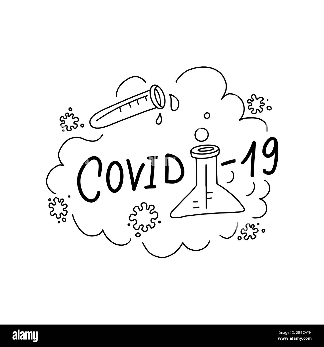 Illustrazione vettoriale di Covid-19. Concetto grafico di coronavirus pandemico. Testo della scritta vettoriale del virus Covid-19. 2019-nCoV. Laboratorio medico, concetto di protezione. Illustrazione Vettoriale