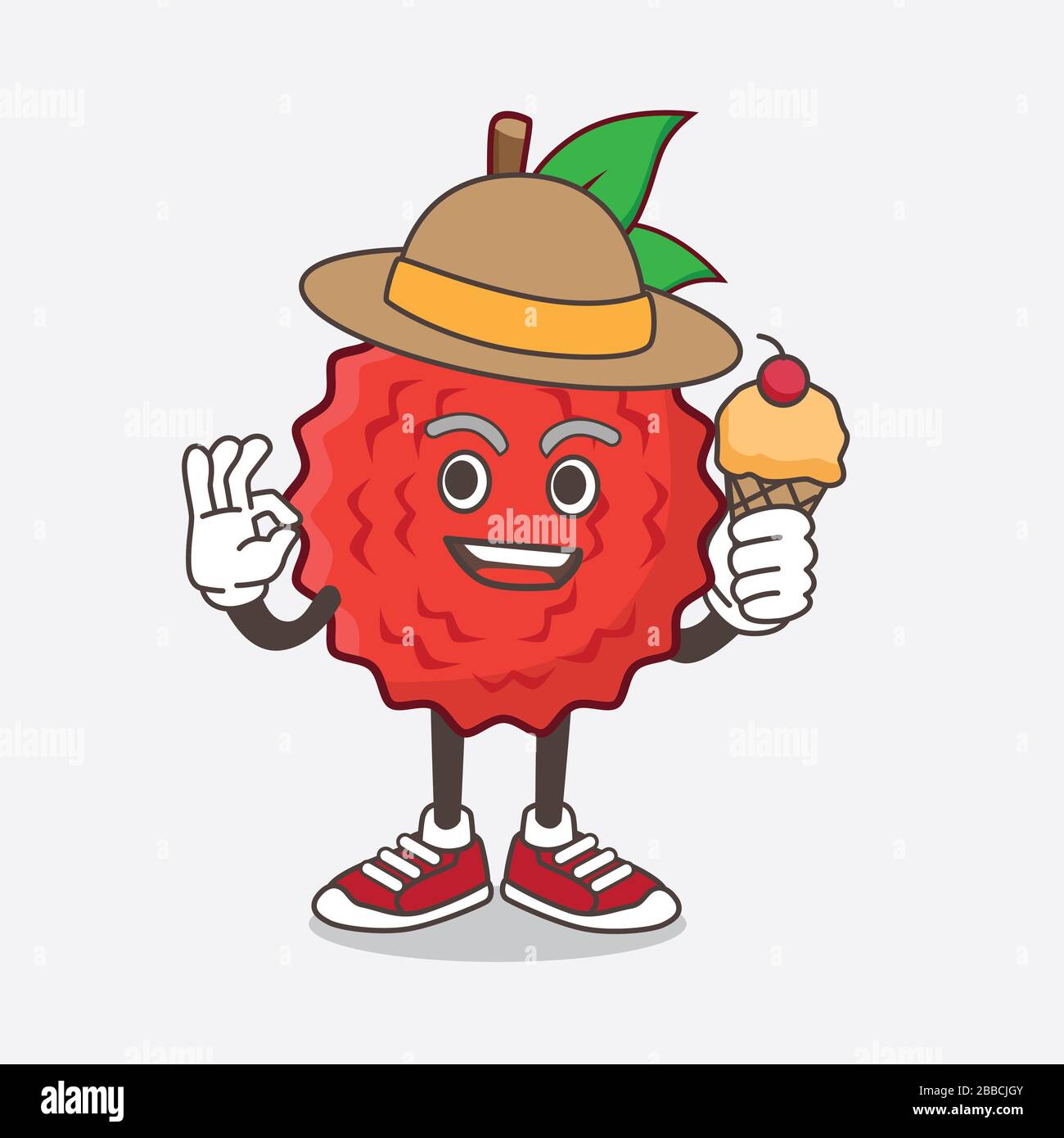 Un'illustrazione del personaggio di Lychee Fruit Cartoon mascot con gelato Foto Stock