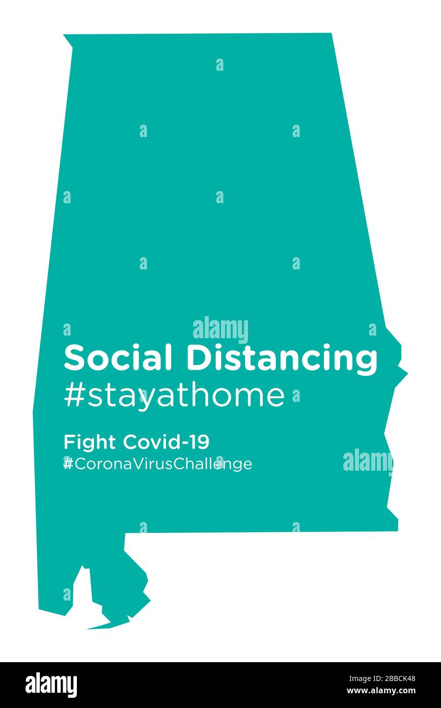 Mappa dello stato dell'Alabama con tag stayathome di allontanamento sociale Illustrazione Vettoriale