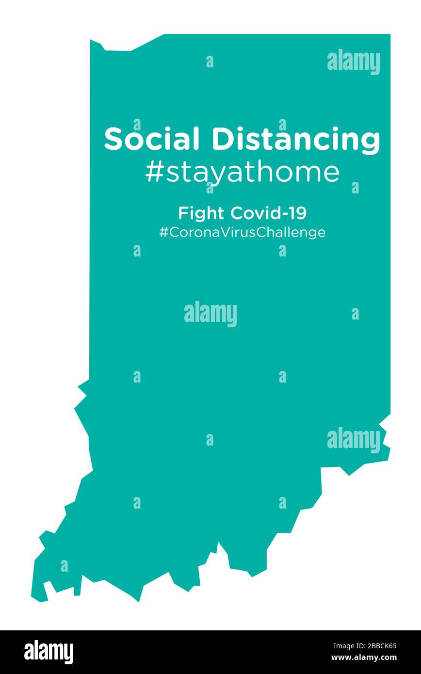 Mappa dello stato dell'Indiana con tag stayathome di allontanamento sociale Illustrazione Vettoriale