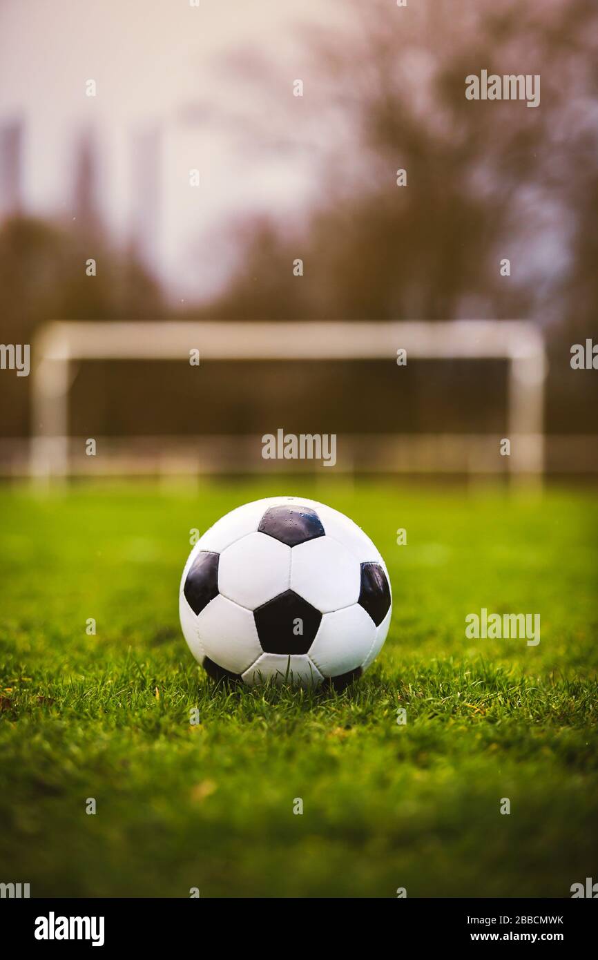 Pallone da calcio classico al tramonto con tipico motivo bianco e nero, collocato sul tappeto erboso dello stadio. Tradizionale palla di calcio sul prato verde erba con co Foto Stock