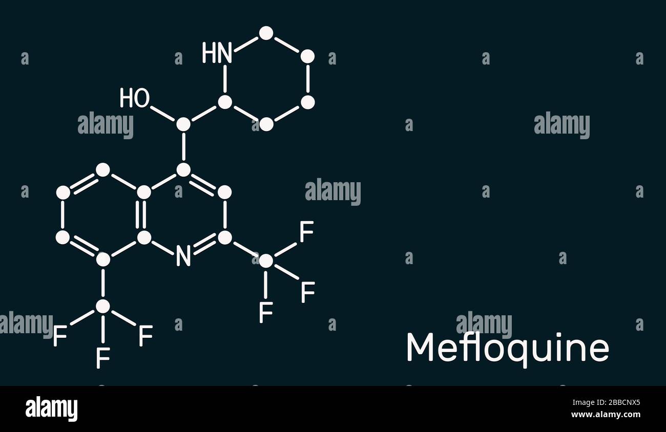 Meflochina, molecola di farmaco antimalarico C17H16F6N2O. È farmaco usato per trattare la malaria, malattia di coronavirus COVID-19. Formula chimica scheletrica. I Foto Stock