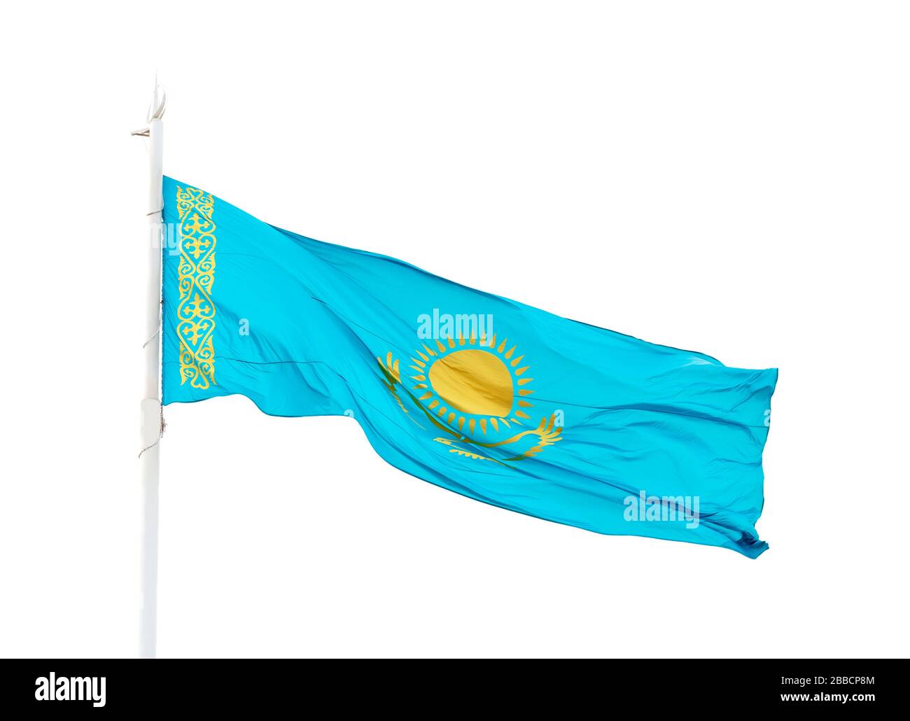 Bandiera del Kazakistan sullo sfondo bianco. Foto Stock