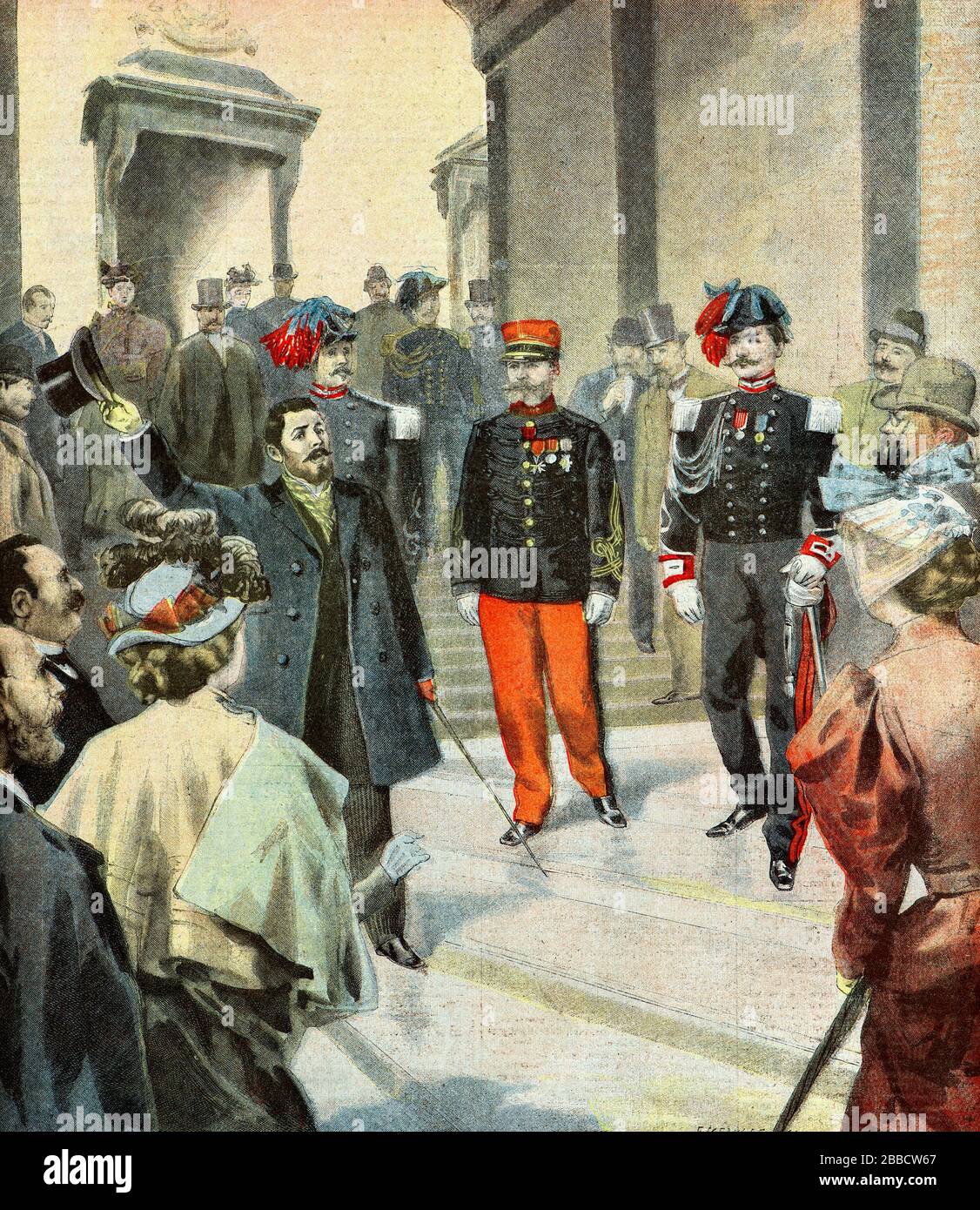 Incisione - il capitano Romani lascia la corte di Genova nel 1895, ingiustamente accusato di spionaggio - Collezione privata Foto Stock