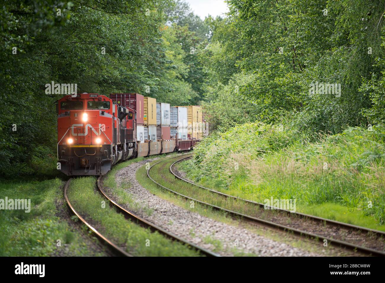 Treno CN Container a Burnaby, British Columbia, Canada Foto Stock
