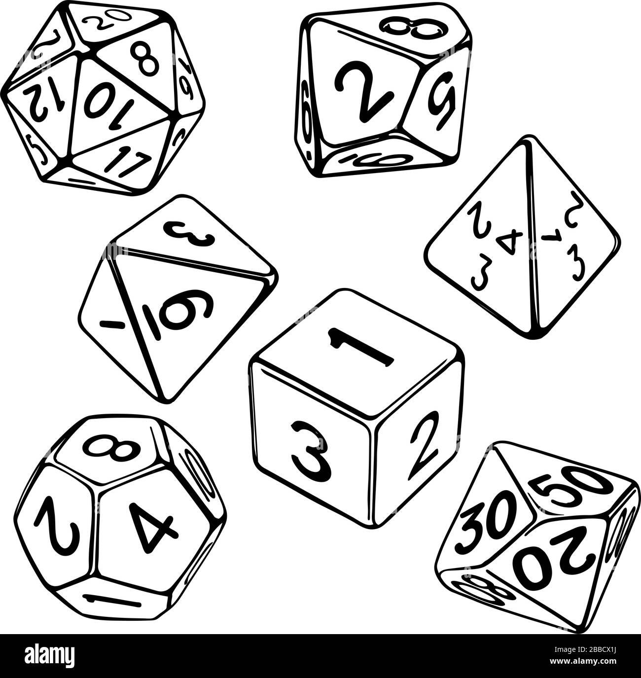 raccolta di dadi per giochi di ruolo isolati su sfondo bianco disegno a mano vettore illustrazione schizzo. Illustrazione Vettoriale