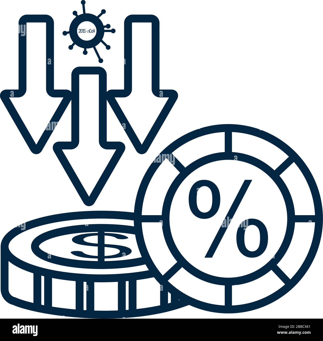 freccia giù con il simbolo del virus covid19 e l'icona monete di denaro su sfondo bianco, stile di linea, illustrazione vettoriale Illustrazione Vettoriale