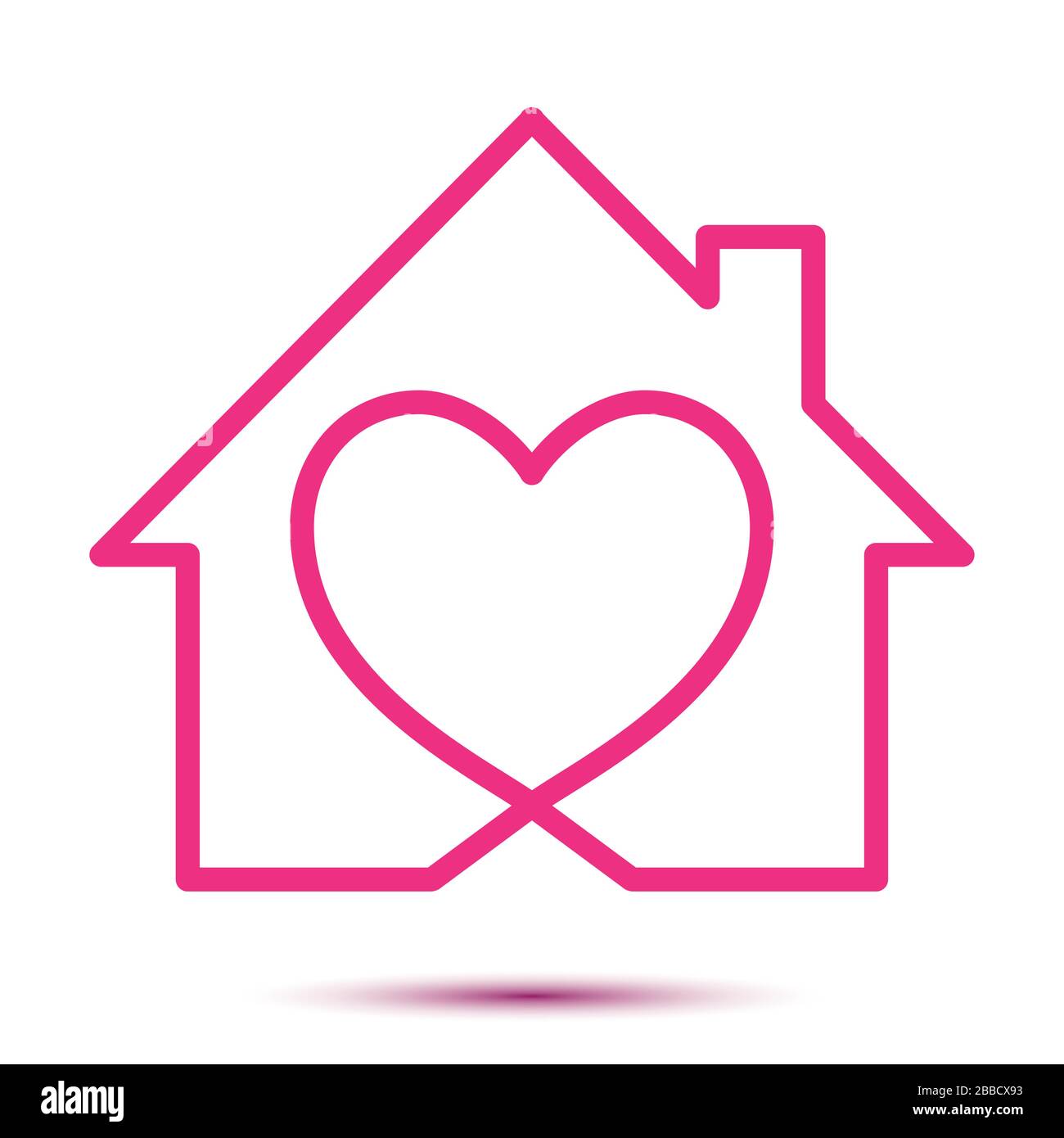 Home Love Heart logo - Business logo aziendale. Stampa scritta a mano. Illustrazione vettoriale con cuori, tetto e camino. Semplice icona di casa con Illustrazione Vettoriale