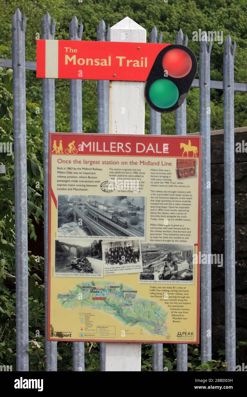 Segnale alla Millers Dale ex stazione ferroviaria sul Monsal Trail, Derbyshire, Regno Unito Foto Stock