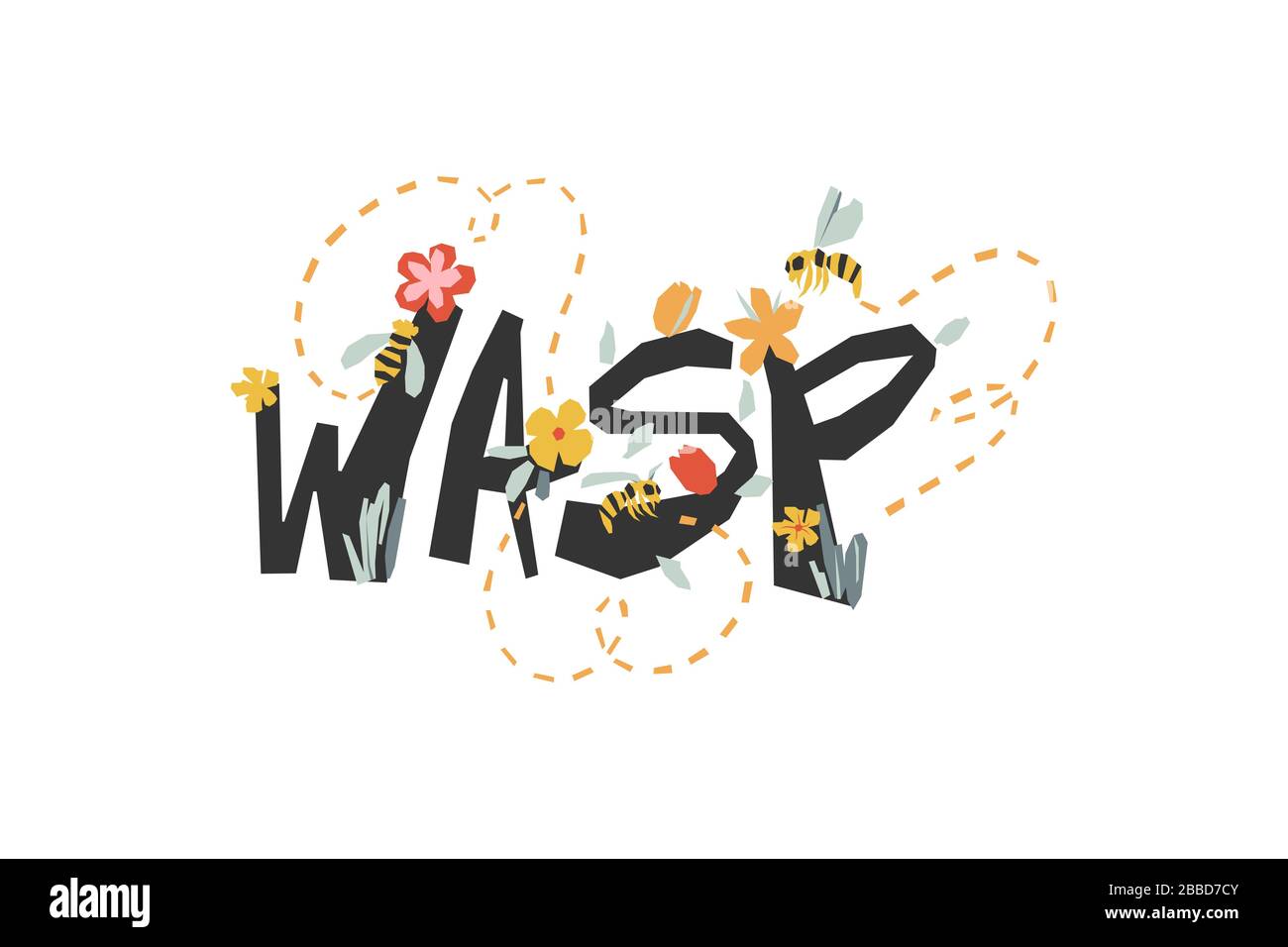 Scritta stilizzata Wasp. Illustrazione con vespe che volano su un prato fiorito. Illustrazione Vettoriale