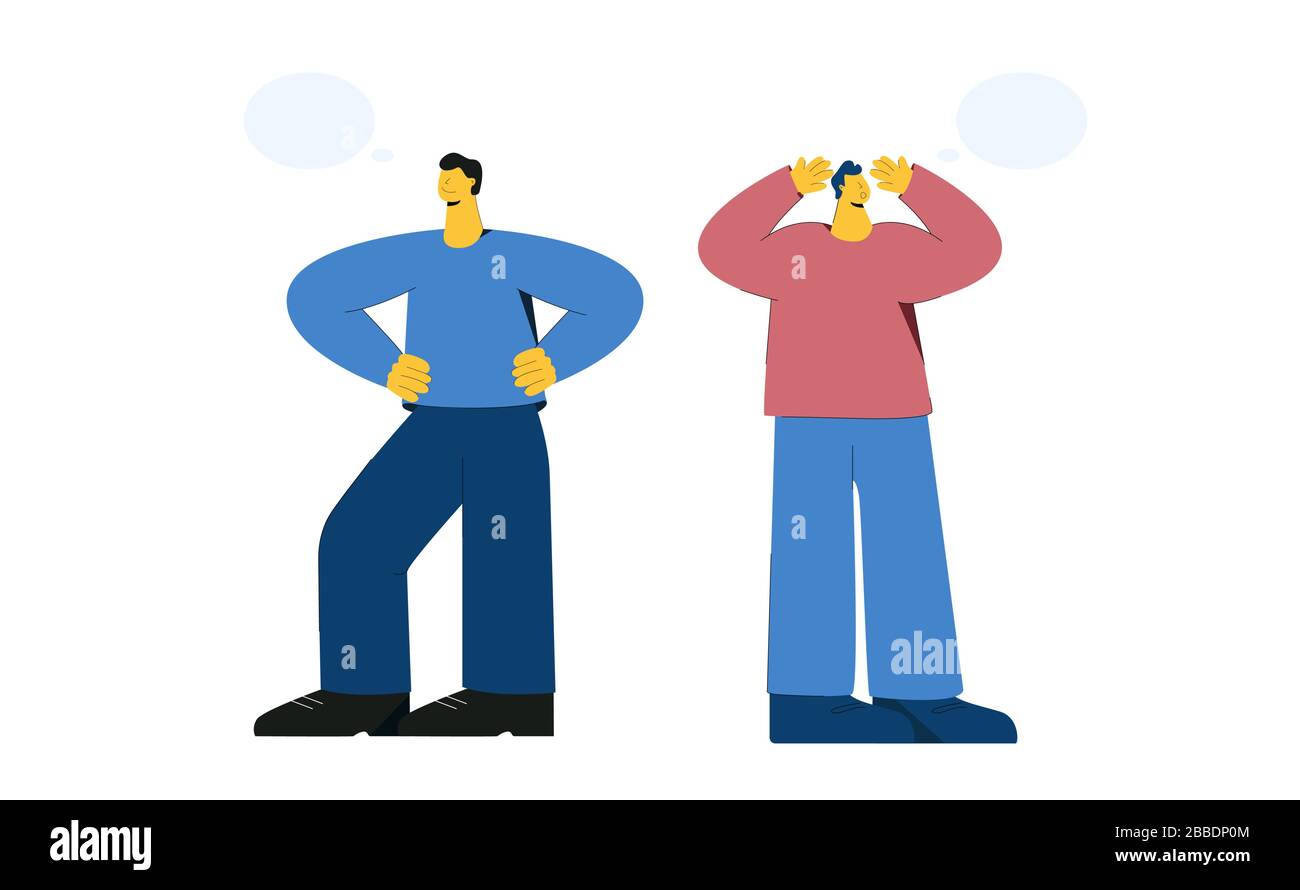 Due cartone animato sicuro e miserabile maschio con bolle di parlato isolato su bianco Illustrazione Vettoriale