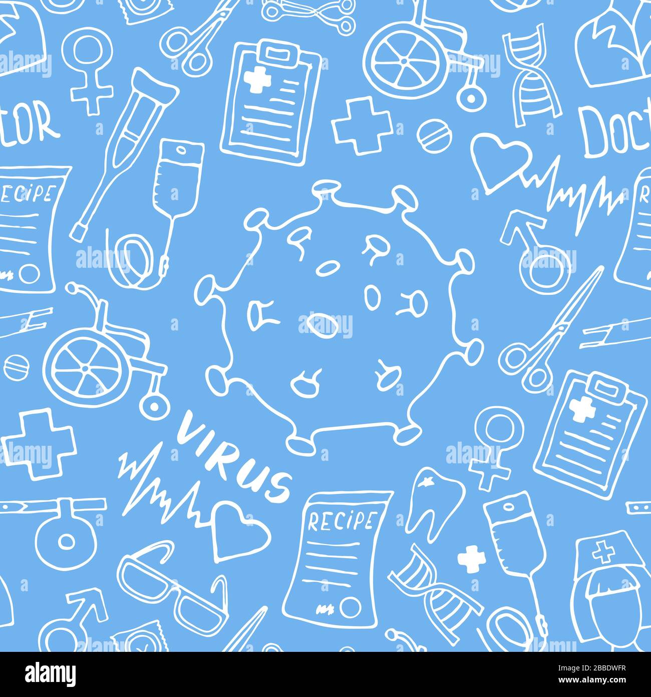 Medicina senza cuciture modello doodle con virus o batteri icona. Cura di salute disegnata a mano, farmacia, sfondo medico del cartone animato. Illustrazioni vettoriali. Illustrazione Vettoriale