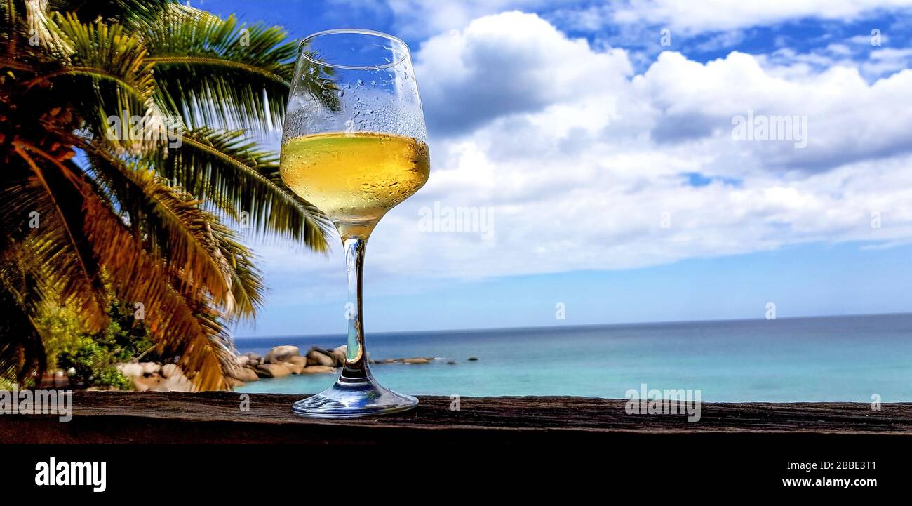 bicchiere di vino sulla ringhiera con una splendida vista sul mare Foto Stock