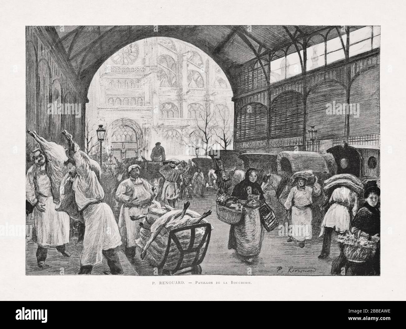Illustrazione di un popolo in una sala del mercato intitolata 'Pavillon de la Boucherie' di P. Renouard pubblicato 1885 nella rivista mensile 'Paris Illustrator'. Foto Stock