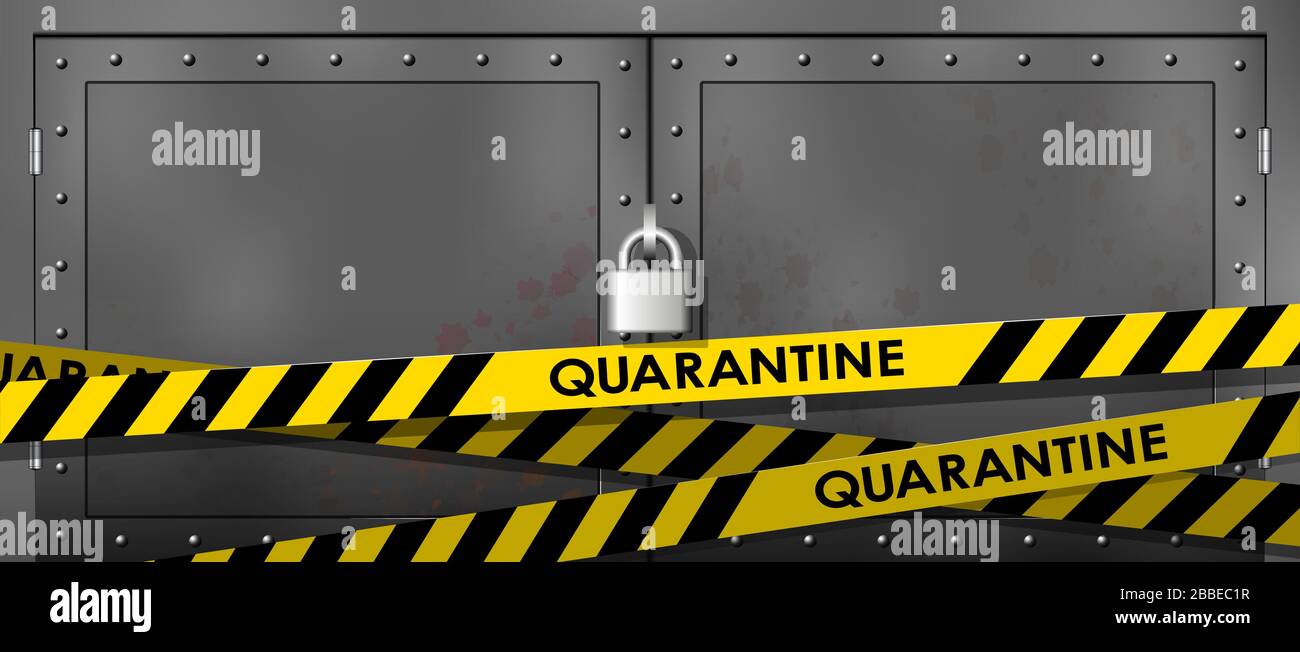 La porta metallica è bloccata. Giallo con linea nera di polizia. Non entrare, pericolo. Nastri di quarantena di sicurezza. Illustrazione Vettoriale