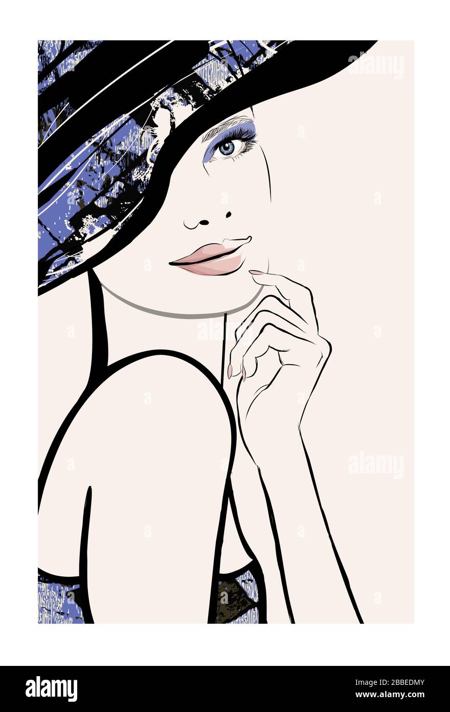 Rappresentazione acquerello di una bella donna con cappello - illustrazione vettoriale (ideale per la stampa su tessuto o carta, poster o carta da parati, casa decorati Illustrazione Vettoriale