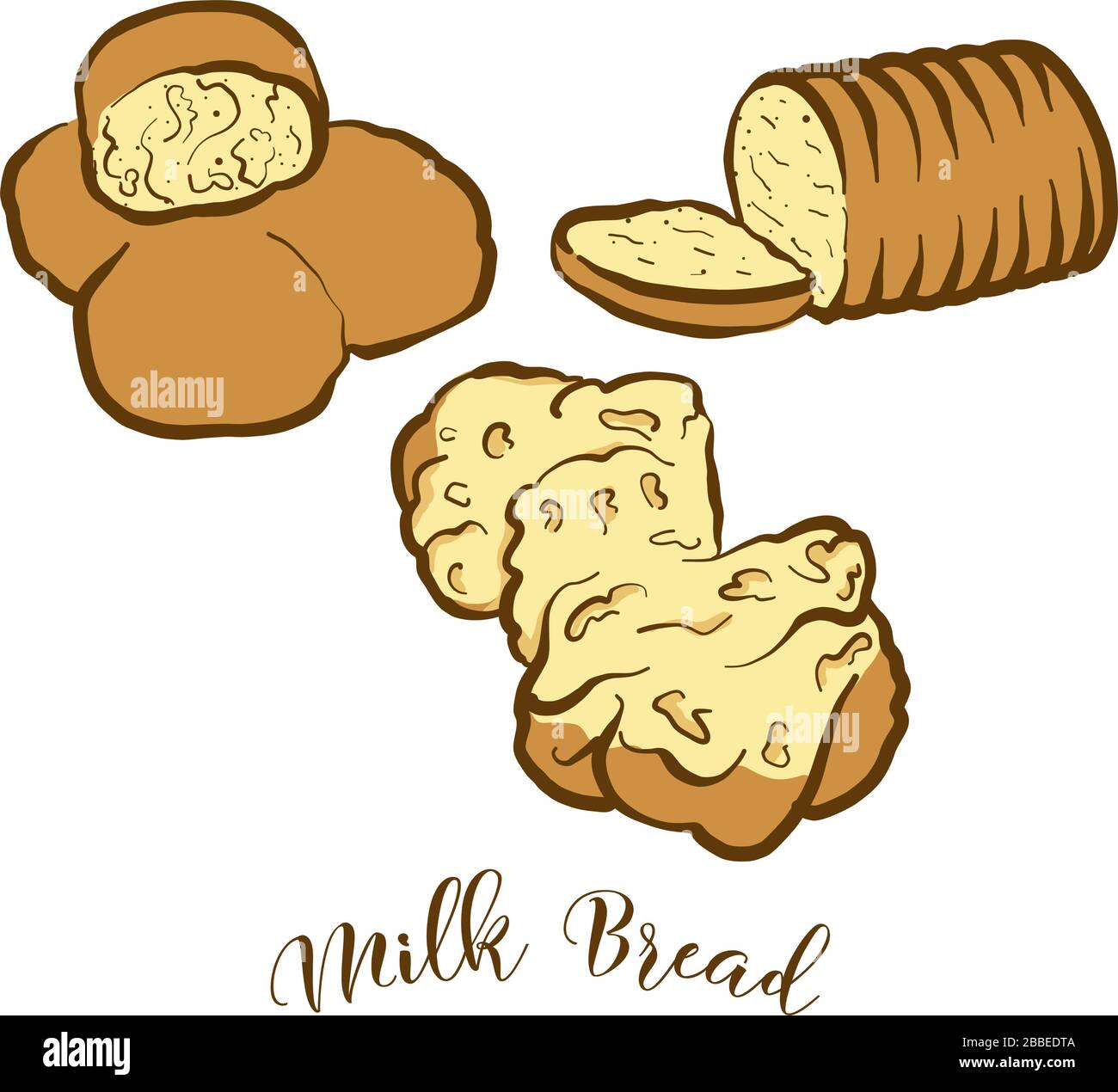 Disegno colorato di pane di latte. Illustrazione vettoriale di alimenti lievitati, di solito noti nel Regno Unito, in Giappone. Schizzi di pane colorati. Illustrazione Vettoriale