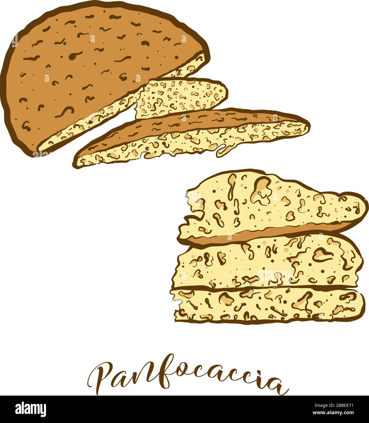 Disegno colorato del pane Panfocaccia. Rappresentazione vettoriale di alimenti lievitati, di solito noti in Italia. Schizzi di pane colorati. Illustrazione Vettoriale