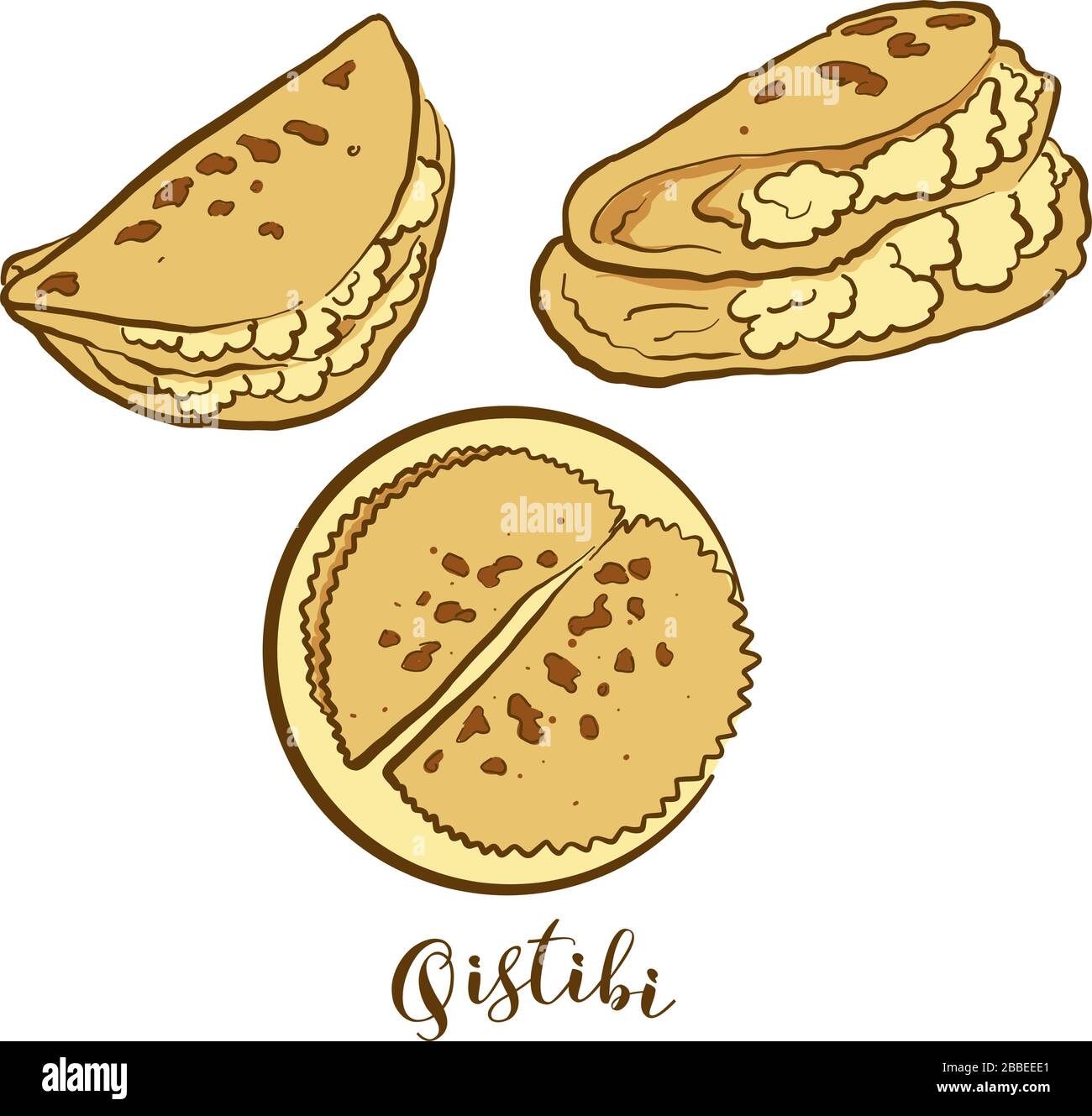 Disegno colorato del pane Qistibi. Illustrazione vettoriale di cibo di Flatbread, conosciuto solitamente in Tatarstan, Bashkortostan. Schizzi di pane colorati. Illustrazione Vettoriale