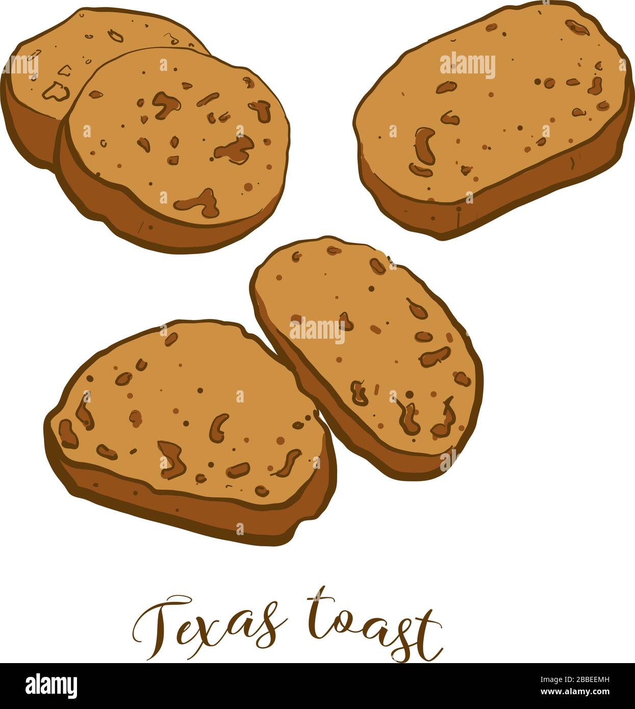 Disegno colorato del pane tostato del Texas. Illustrazione vettoriale di pane tostato, cibo bianco, di solito noto negli Stati Uniti, Texas. Schizzi di pane colorati. Illustrazione Vettoriale