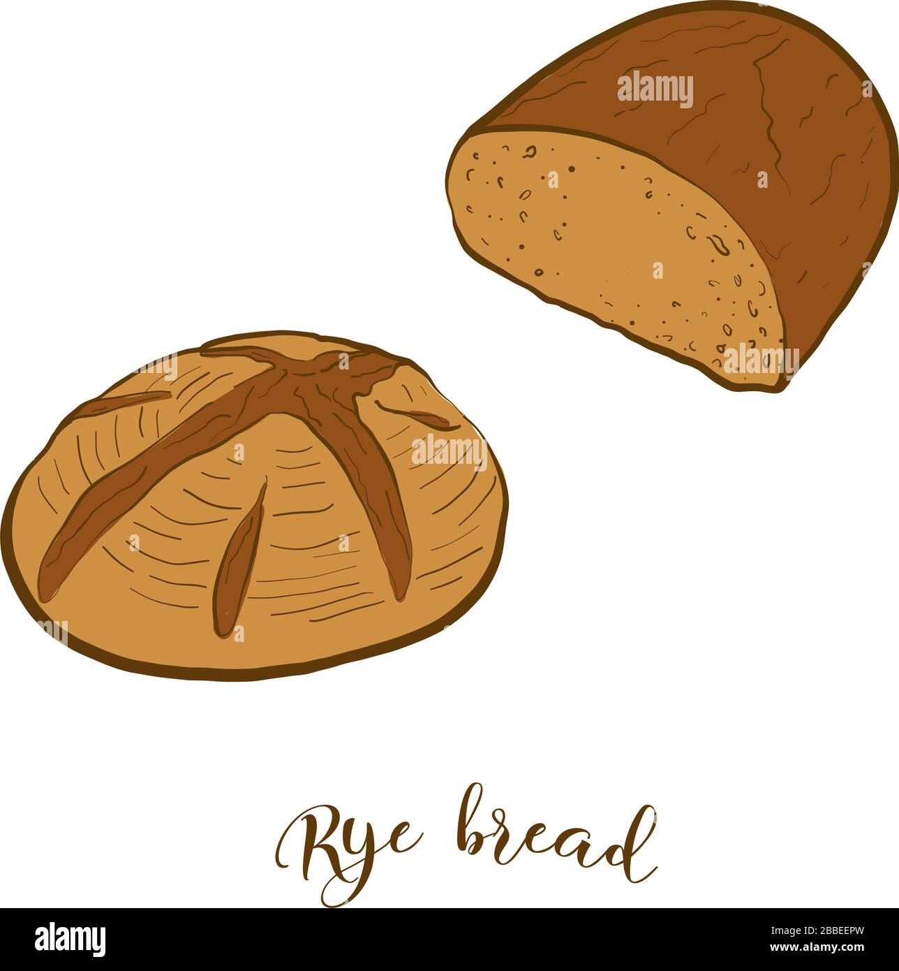Disegno colorato del pane di Rye. Illustrazione vettoriale di cibo lievitato, di solito conosciuto in Europa, America, Israele. Schizzi di pane colorati. Illustrazione Vettoriale