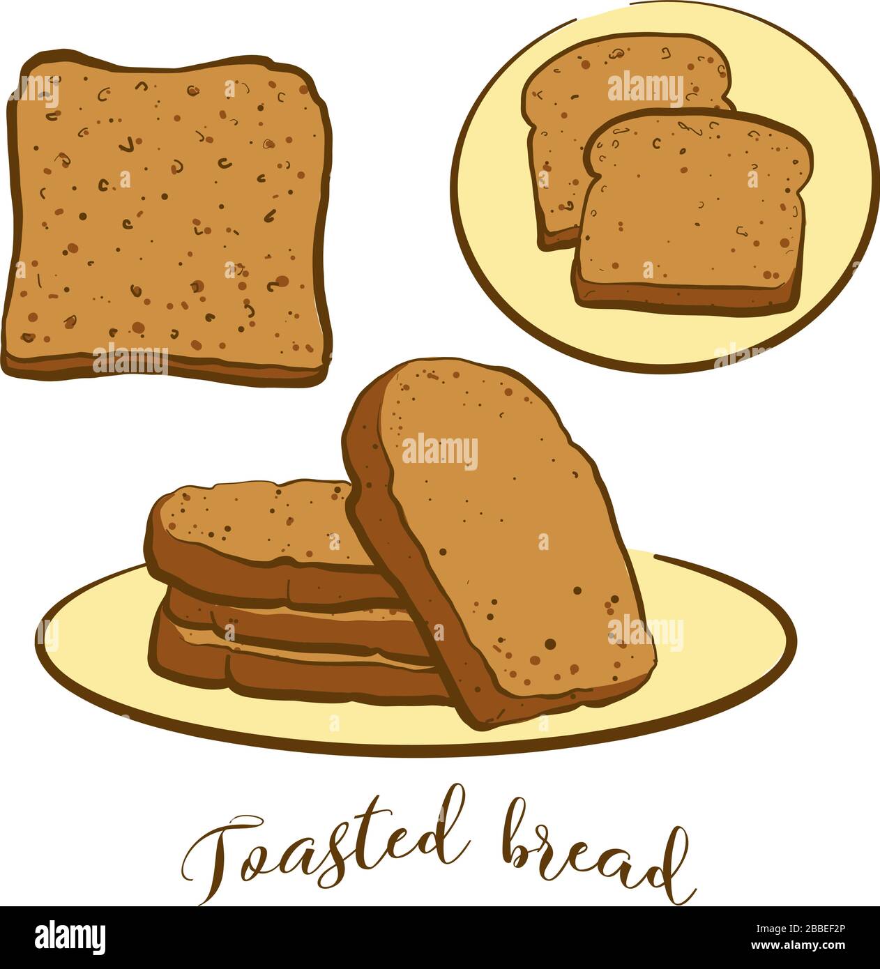Disegno colorato di pane tostato. Illustrazione vettoriale di alimento di brindisi, conosciuto solitamente in Gran Bretagna. Schizzi di pane colorati. Illustrazione Vettoriale