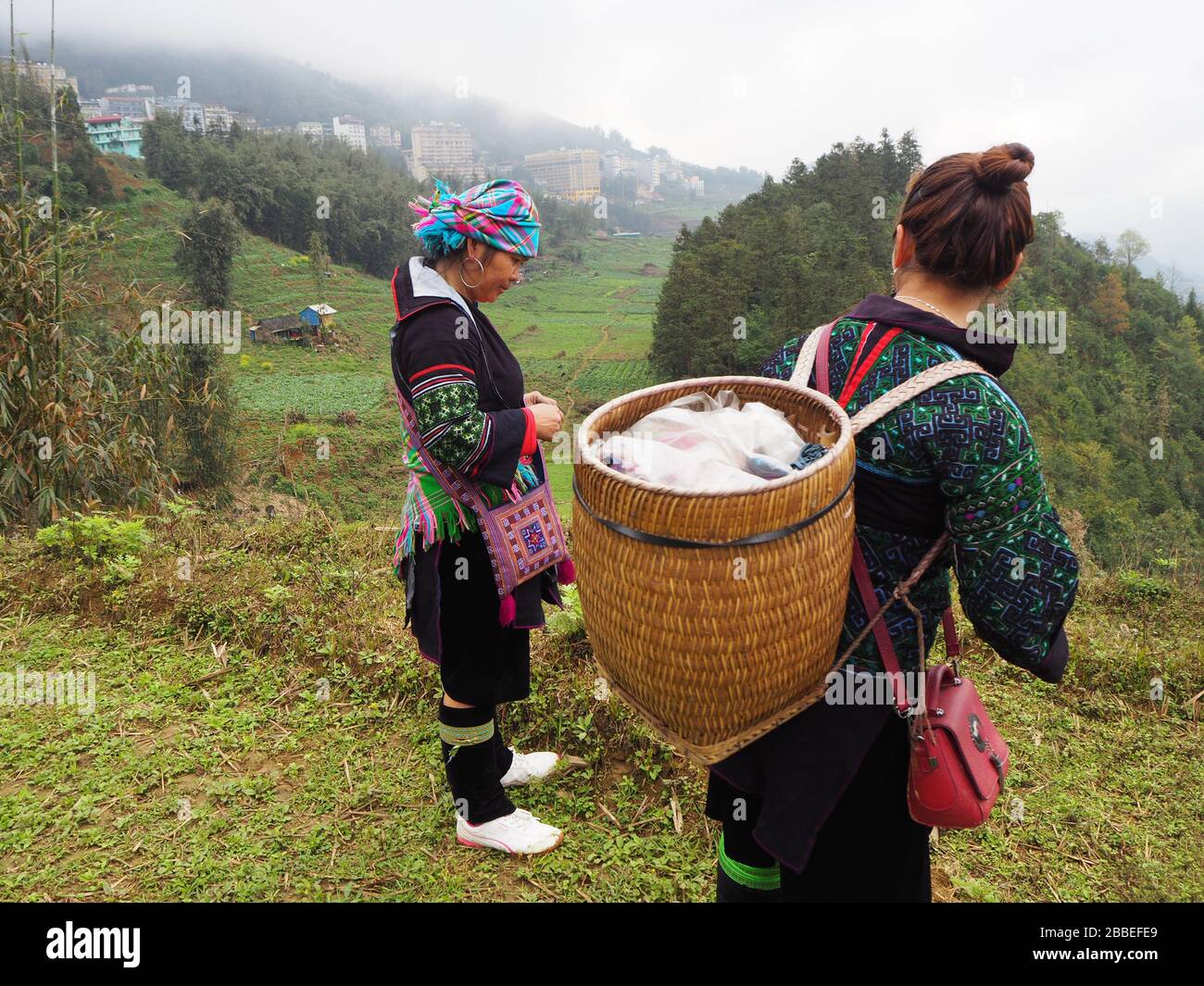 Locale Hmong donne trekking nelle colline di sapa, Vietnam, Sud Est Asia Foto Stock