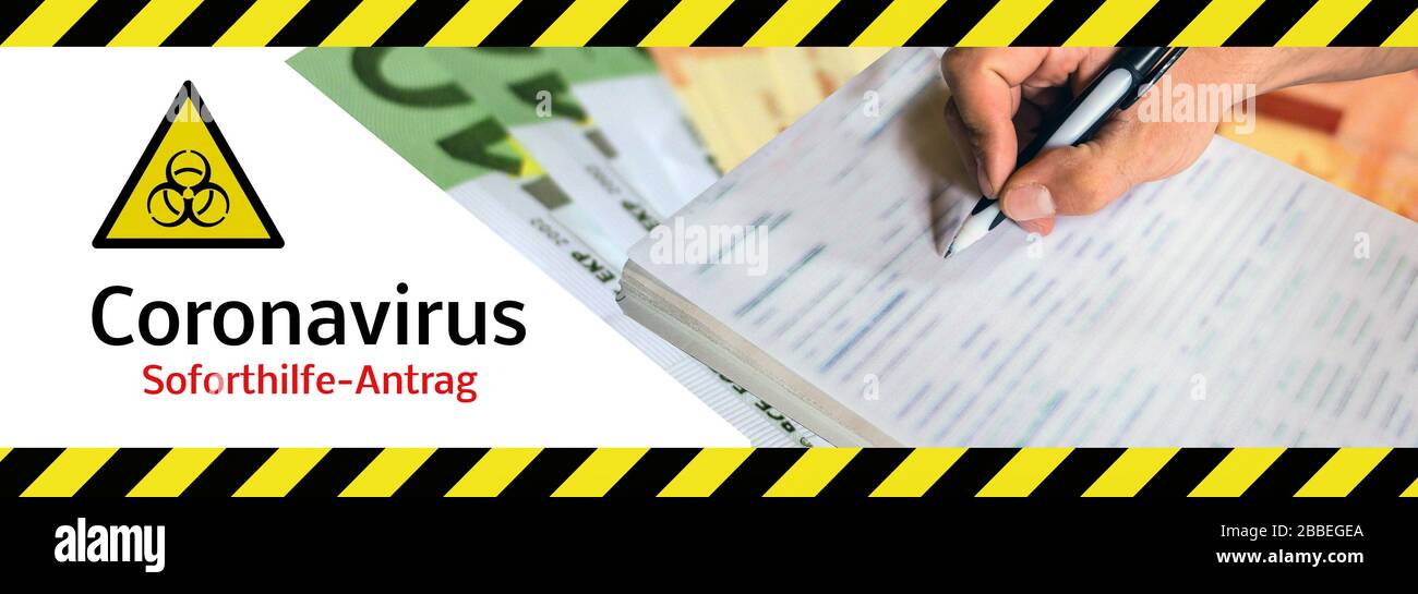 Banner con penna Corona Emergency Aid in tedesco Foto Stock