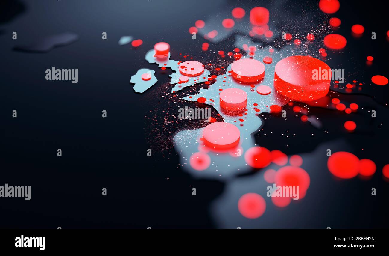 Visualizzazione dei dati della diffusione di Covid-19 coronavirus in tutta Europa. Illustrazione di Pandemic 3D. Foto Stock