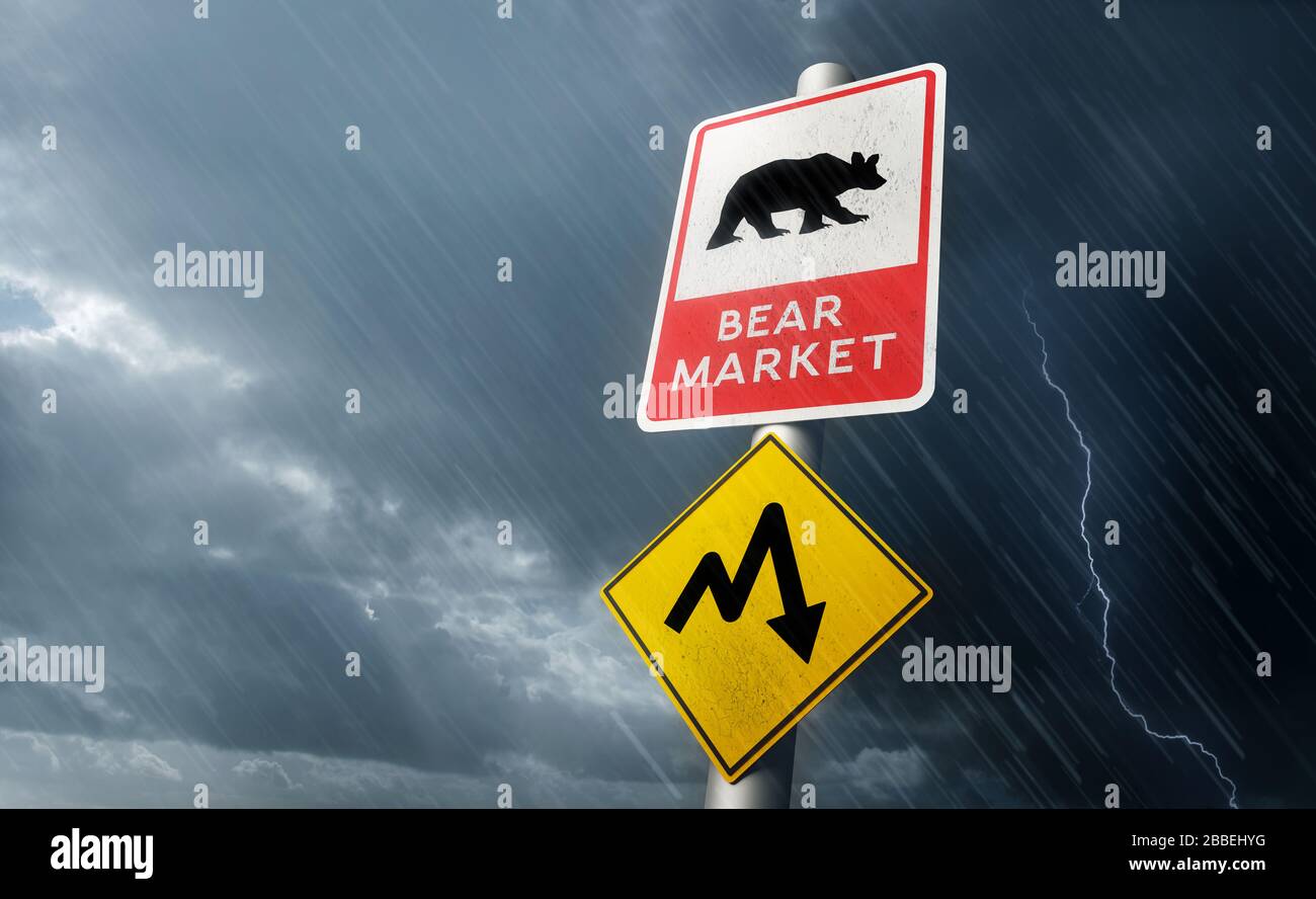 Segnali stradali di avvertimento di un imminente crollo del mercato azionario, in attesa di una corsa accidentata. Informazioni sul mercato dell'orso 3D. Foto Stock