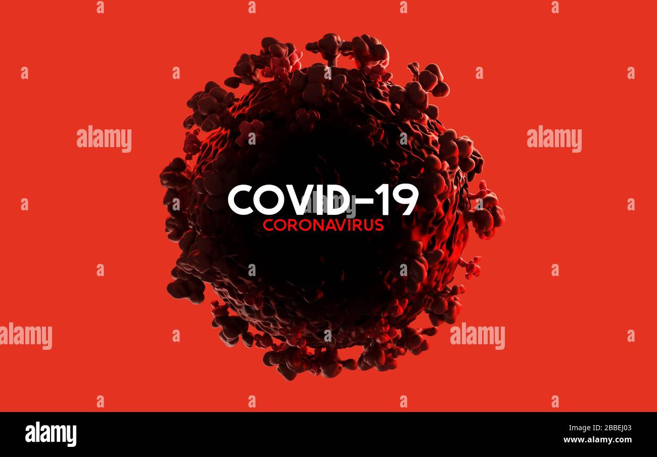 Un rosso Covid-19 coronavirus pandemic focolaio contesto titolo. Figura 3D Foto Stock