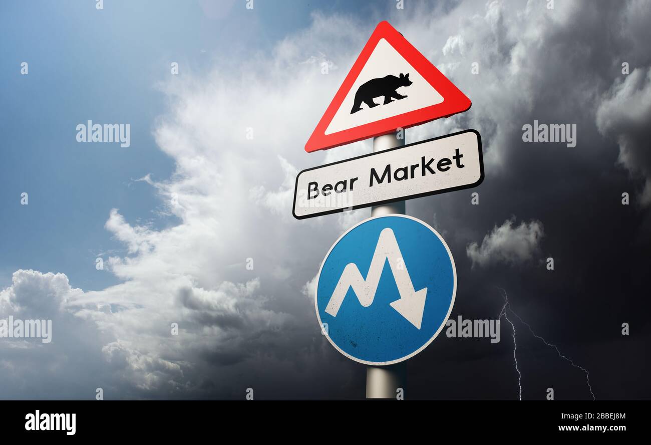 Contrazione del mercato azionario finanziario. Una recessione globale del mercato dell'orso con marcature di avvertimento sui cartelli stradali. Concetto di illustrazione 3D. Foto Stock