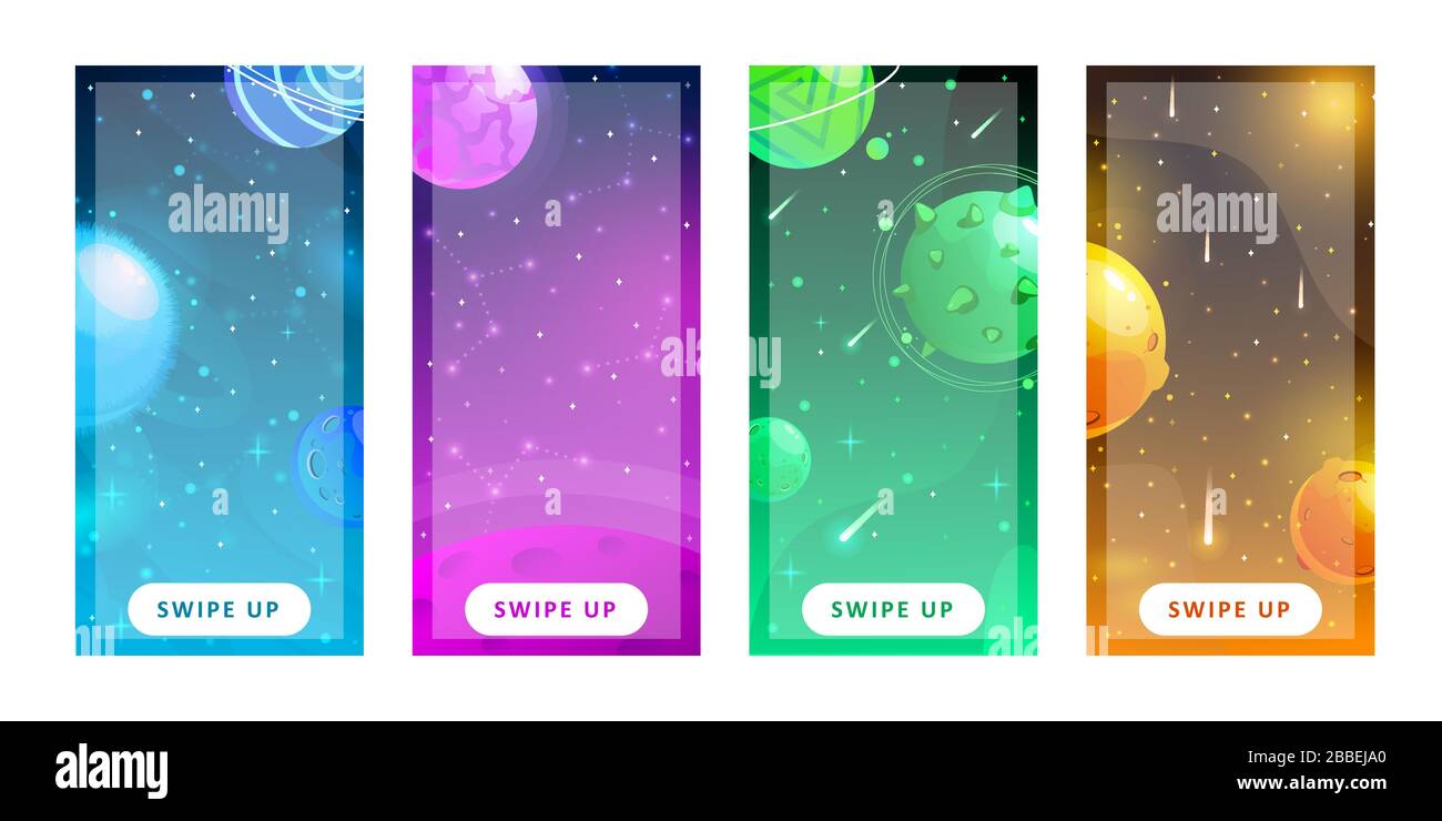 Modello di storie. Set di sfondo spazio con pianeti fantasia cartoon. Sfondo mobile. Sfondo dello spazio. Pianeti fantasy. Universo colorato. Gioco Illustrazione Vettoriale