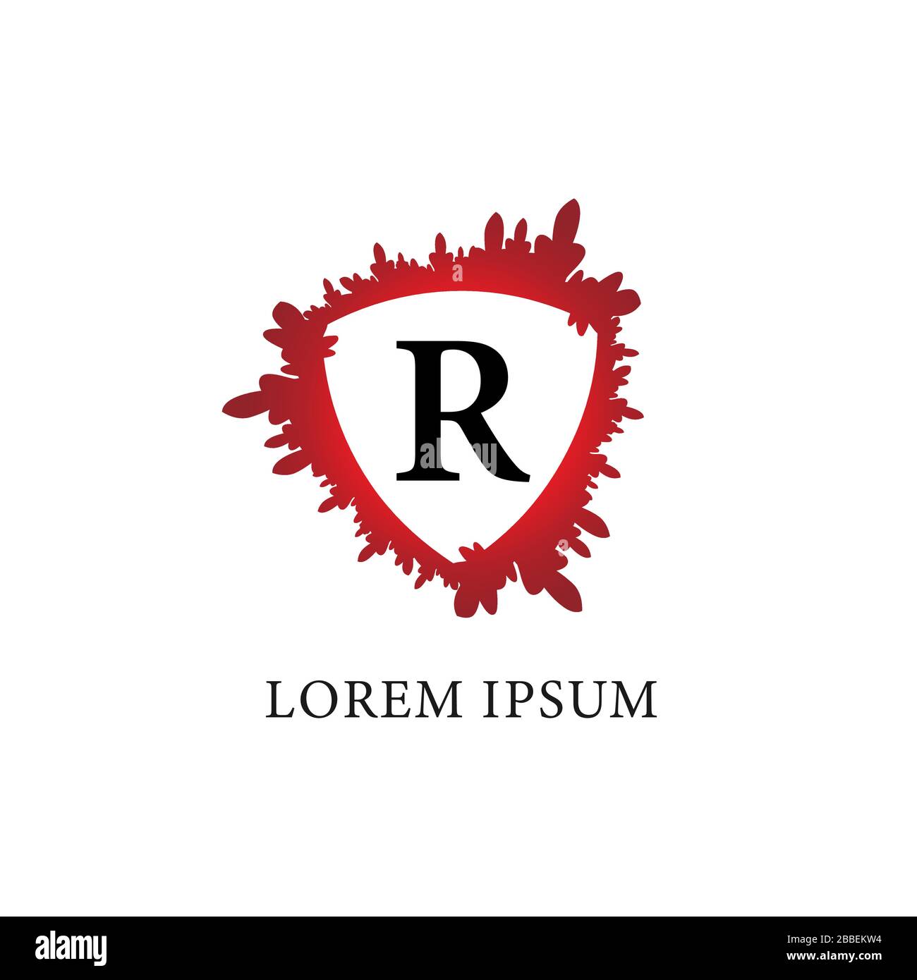 Modello di disegno del logo lettera R dell'alfabeto. Spruzzi di sangue con forma di scudo nel mezzo. Assicurazione, protezione, orrore, sicurezza. Isolato su bianco Illustrazione Vettoriale