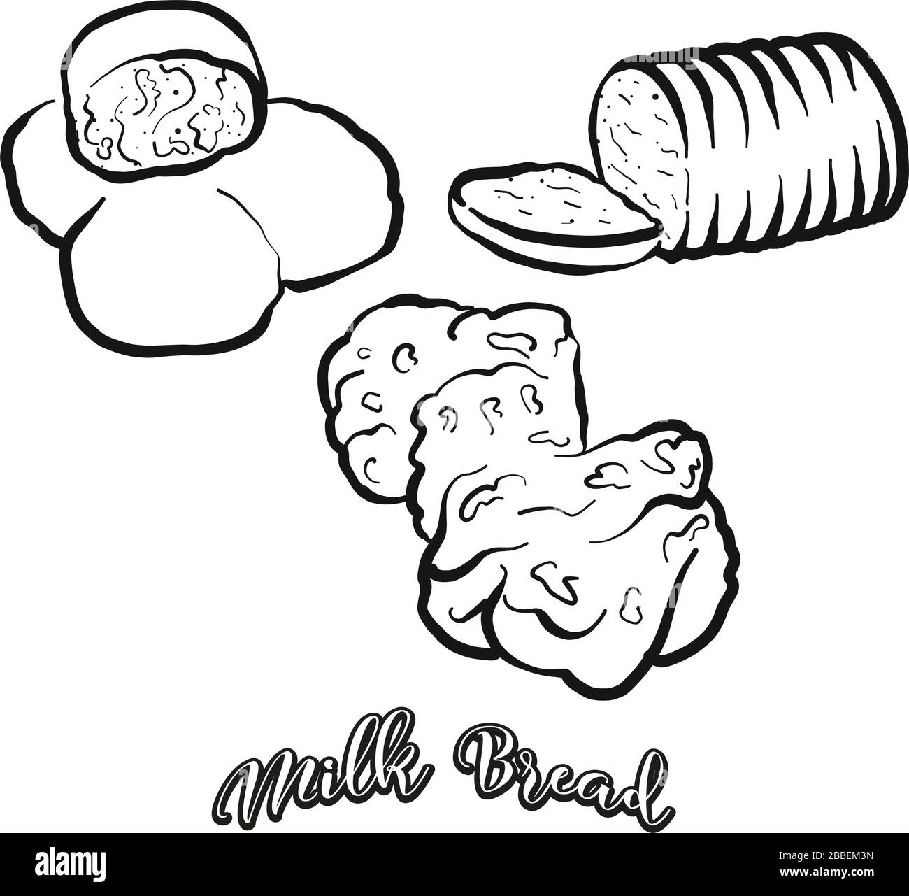 Lo schizzo del cibo del pane del latte è separato su bianco. Disegno vettoriale di lievitati, di solito noti nel Regno Unito, in Giappone. Serie di illustrazioni alimentari. Illustrazione Vettoriale