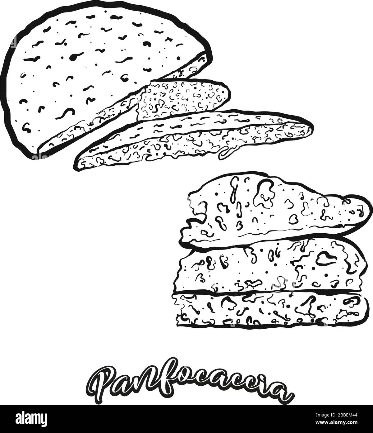 Panfocaccia disegno cibo separato su bianco. Disegno vettoriale di lievitati, di solito noti in Italia. Serie di illustrazioni alimentari. Illustrazione Vettoriale