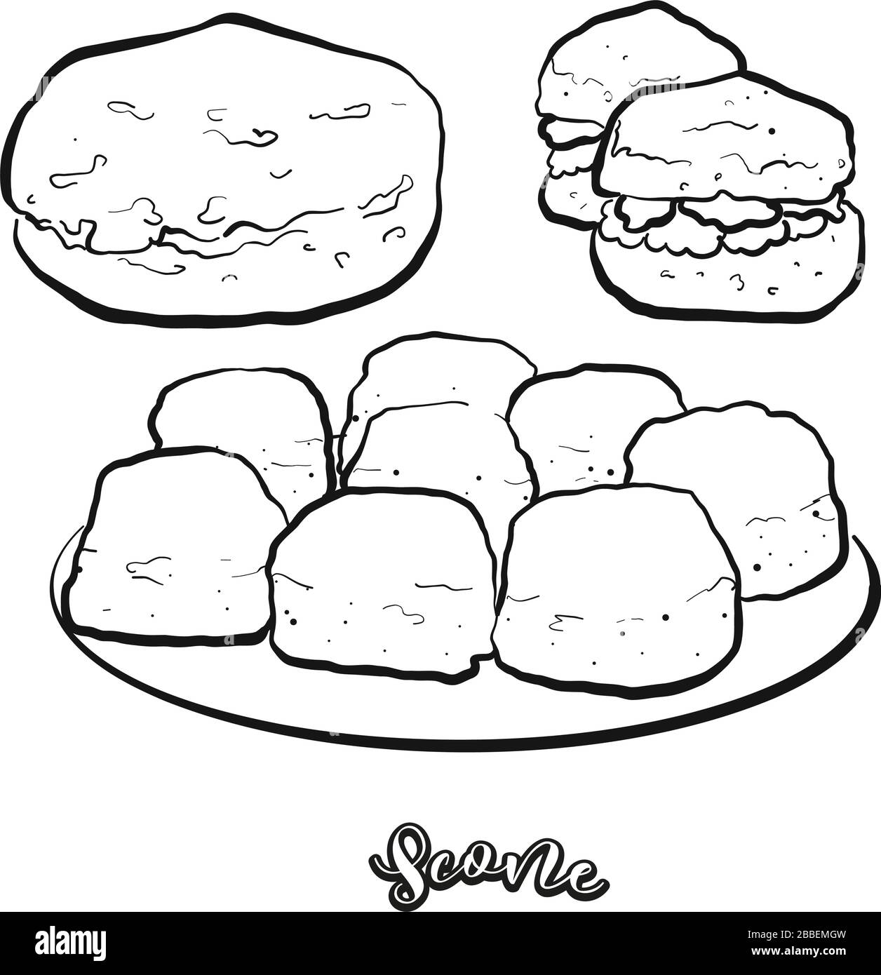Schizzo di cibo Scone separato su bianco. Disegno vettoriale di Quick Bread, di solito noto nel Regno Unito. Serie di illustrazioni alimentari. Illustrazione Vettoriale