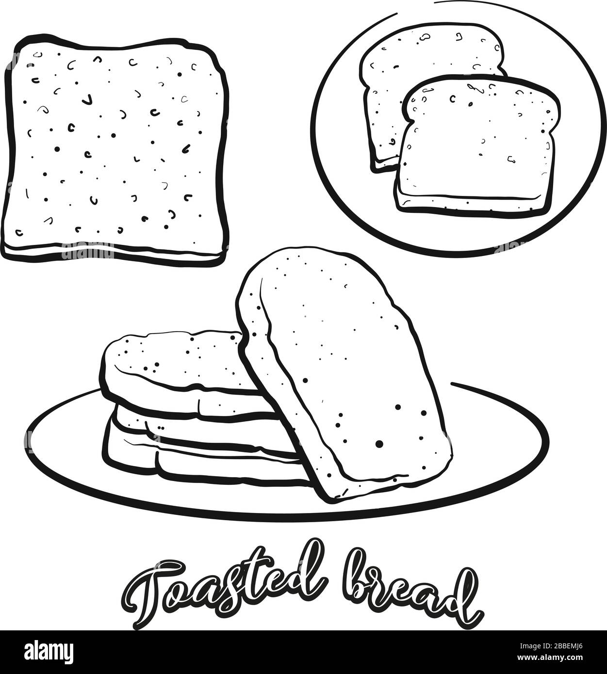 Lo schizzo del pane tostato si separa su bianco. Disegno vettoriale di pane tostato, di solito noto in Gran Bretagna. Serie di illustrazioni alimentari. Illustrazione Vettoriale
