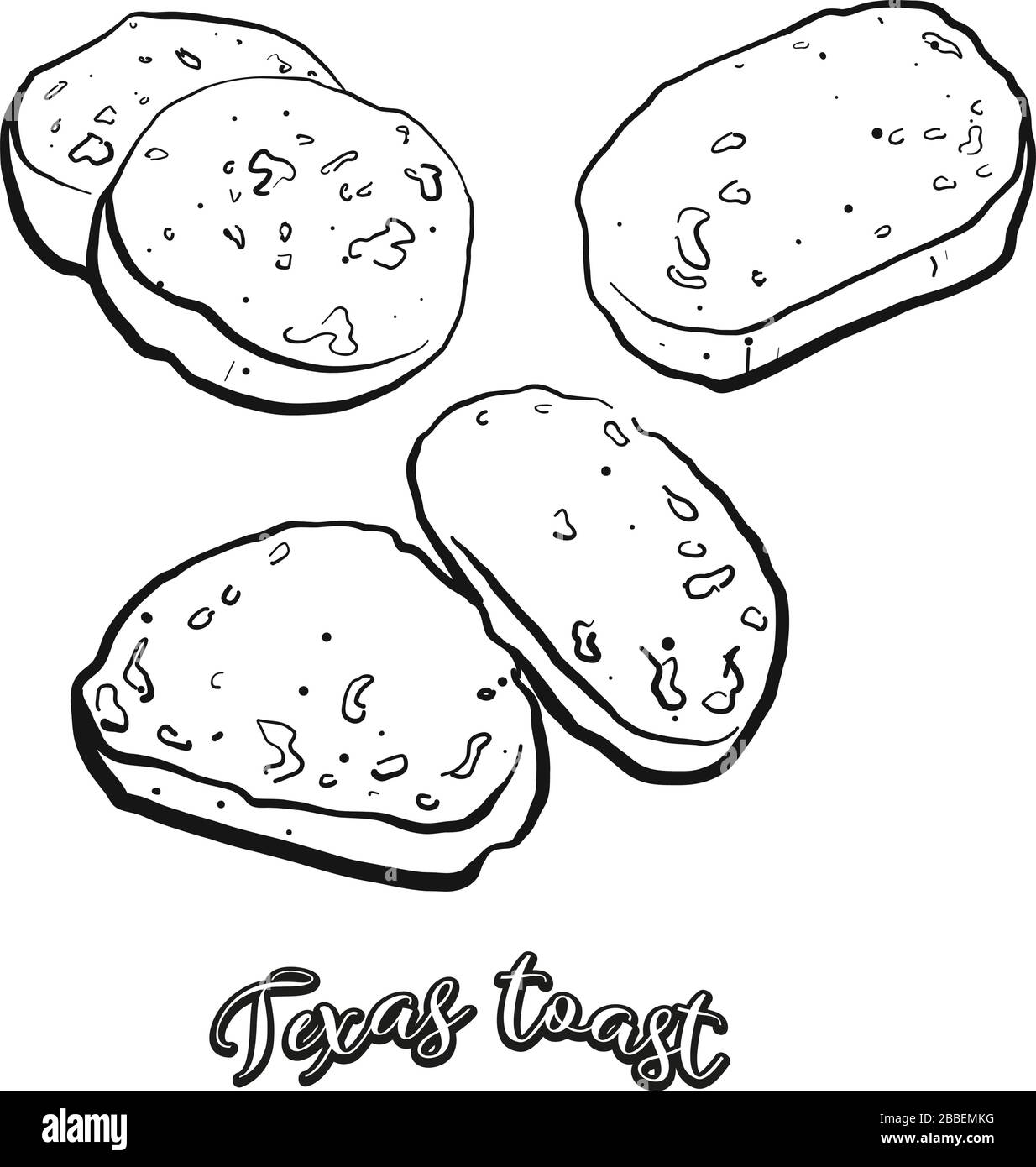 Texas pane tostato schizzo di cibo separato su bianco. Disegno vettoriale di Toast, Bianco, di solito noto negli Stati Uniti, Texas. Serie di illustrazioni alimentari. Illustrazione Vettoriale