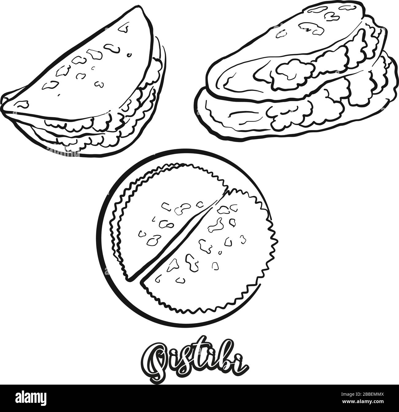 Lo schizzo del cibo di Qistibi è separato su bianco. Disegno vettoriale di Flatbread, di solito noto in Tatarstan, Bashkortostan. Serie di illustrazioni alimentari. Illustrazione Vettoriale