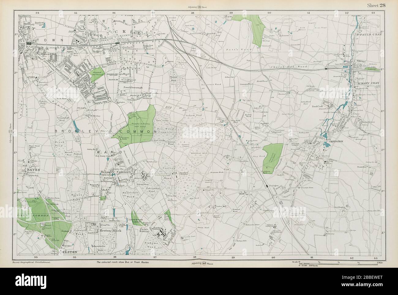 BROMLEY & ORPINGTON Hayes Petts Wood Keston St Paul's Mary Cray. PANCETTA 1913 mappa Foto Stock