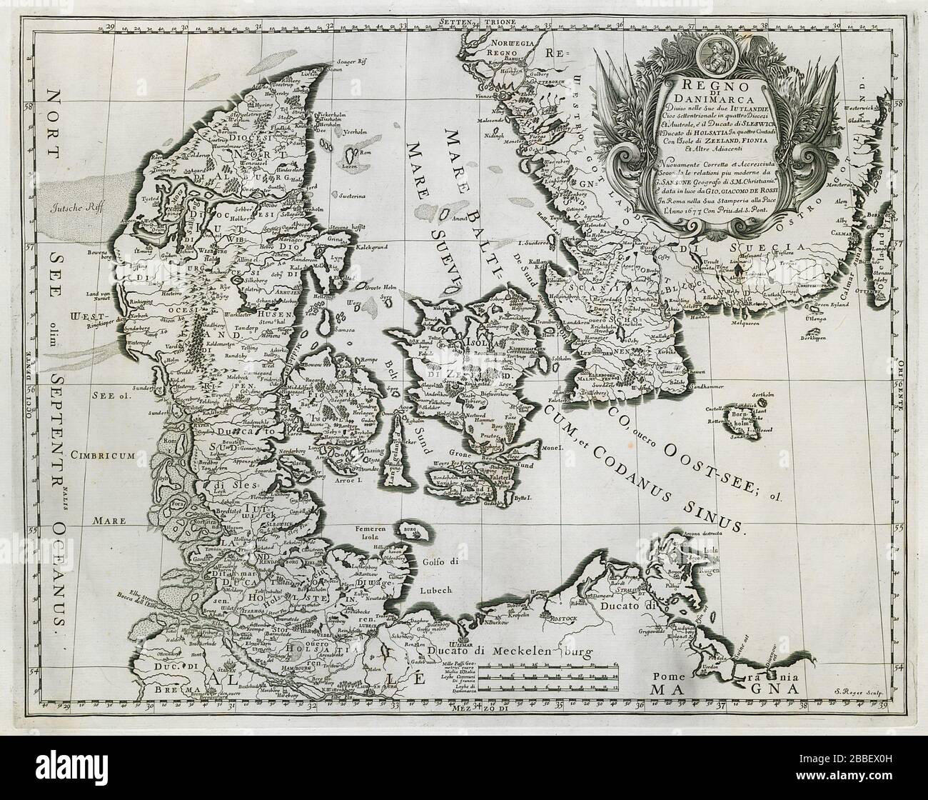 Regno di Danimarca. Il Regno di Danimarca. DE ROSSI 1677 antico mappa Foto Stock