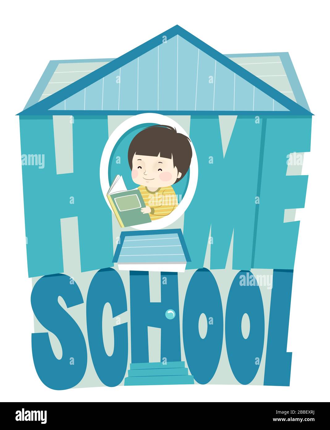 Illustrazione di un ragazzo del capretto che legge un libro come visto da una finestra a casa con la lettera della scuola domestica Foto Stock